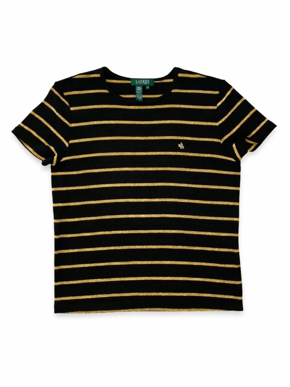 Lauren Ralph Lauren Petite Black Gold Stripe Cotton Top Tee Size MP